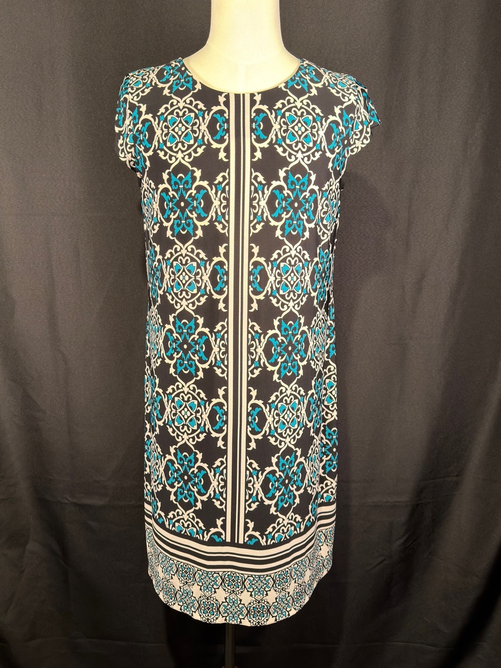 Signature Black and Teal Cap-Sleeve Shift Dress by Dressbarn